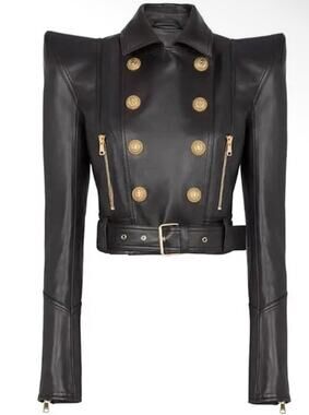 JK140Y Double-Breasted Cropped Leather Motorcycle Jacket